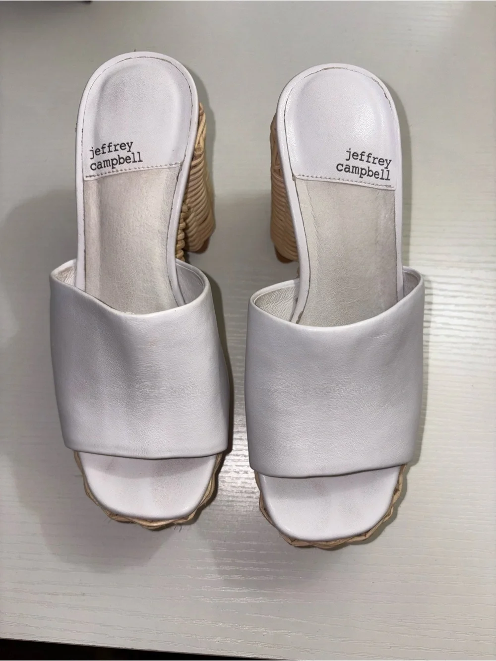 Jeffrey Campbell White Leather Slide Platforms with Woven Rattan Heel